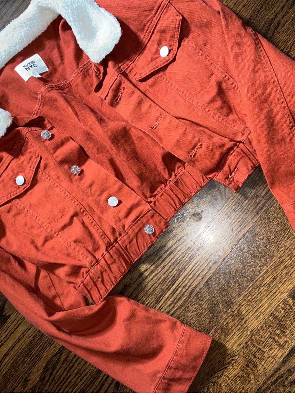 Madden Girl Orange Cropped Sherpa-Trim Bomber Jacket